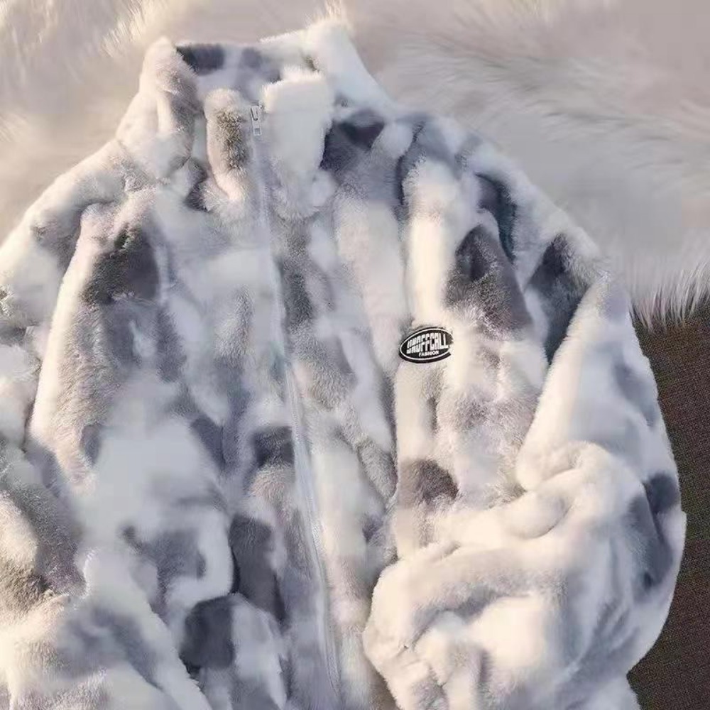New Women's Tie Dye Lamb Fleece Jacket Autumn Winter Zipper Outerwear Warm Plush Jackets Haruku Casual Loose Female Thick Coat F6.25#23.8