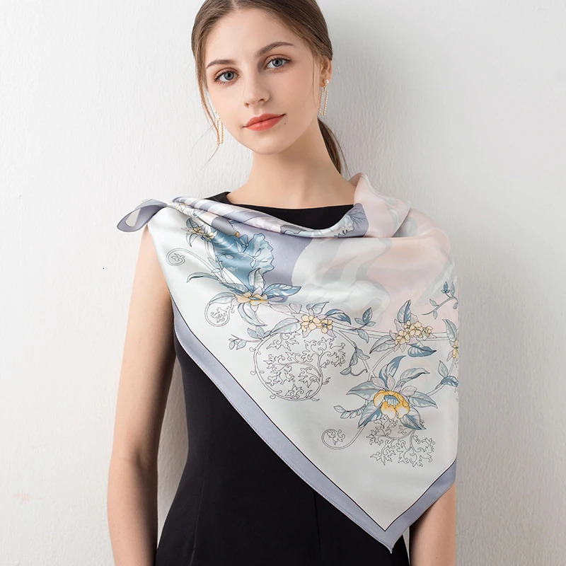 Women Square Silk Scarves Wraps Print Bufanda 100% Hangzhou Real Silk Bandana Foulard Femme Handkerchief 14mm Square Satin Scarf 240625