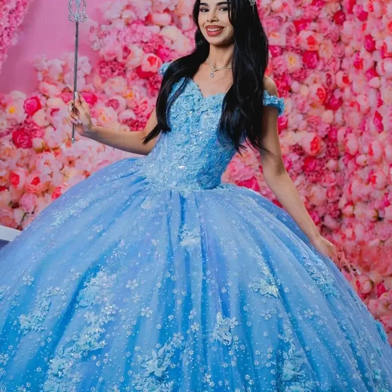 Sky Blue Shiny Quinceanera Dress Elegant Lace Applique Sequins Beading Off the Shoulder Mexican Sweet 16 Vestidos De XV 15 Anos