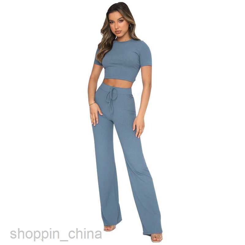 Women's Tracksuits New fashion leisure suit women's solid color high elastic body shaping short sleeve pit strip wide leg pants two-piece se