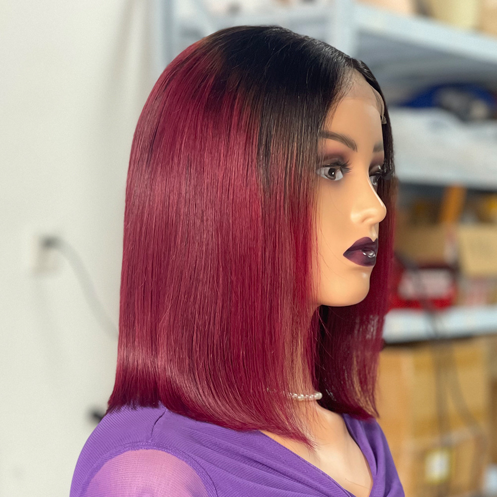 Burgundy Ombre Color Bob Wig Human Hair Straight Short 150%density Bob Lace Wigs for Black Women Brazilian Preplucked Human Hair Wigs on Sale Clearanc