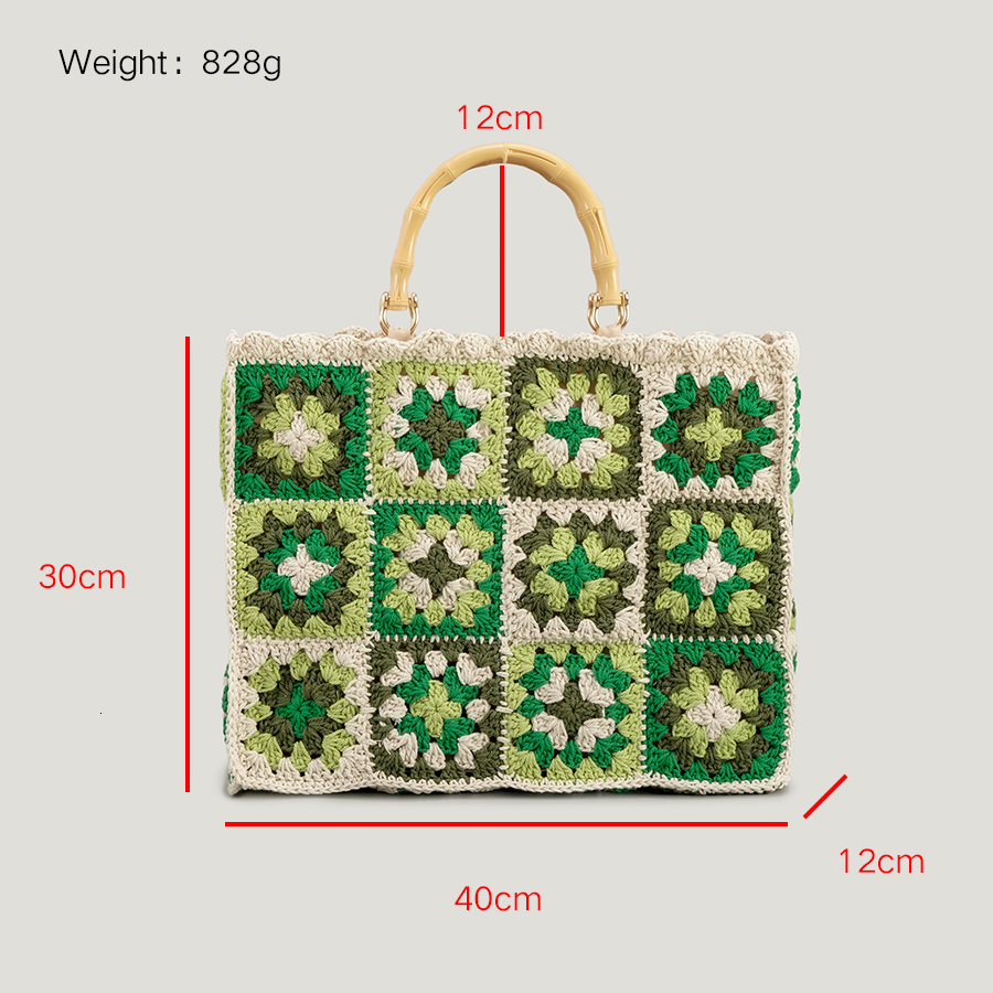 Bohemian Large Crochet Tote Bag Vintage Bamboo Handle Women Handbgs Granny Square Knitted Hand Bags Trend Big Lady Shopper Purse H6.25#99 ddmy 0952