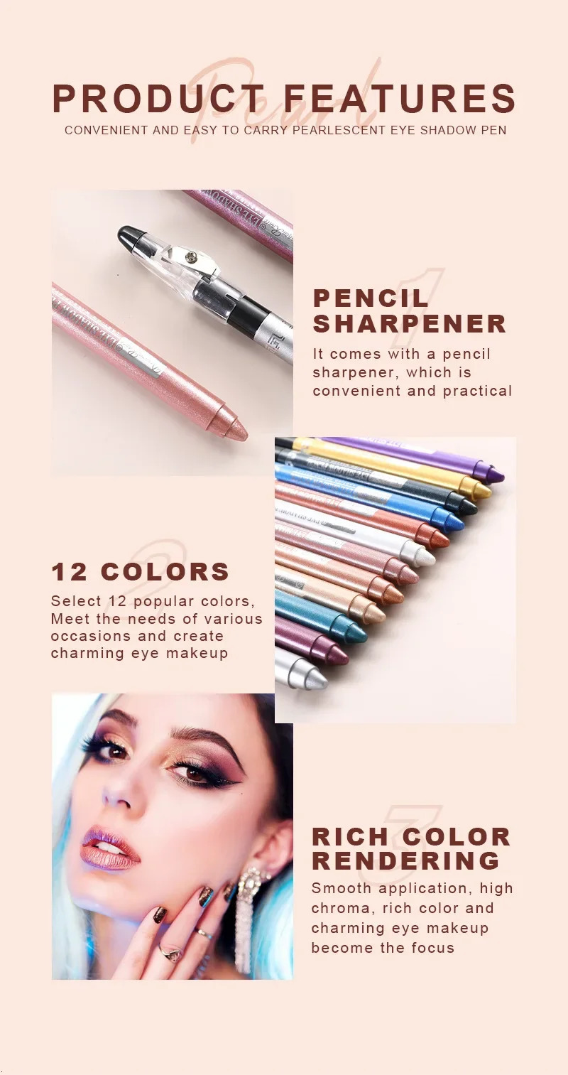 Pearlescent Eyeshadow Pen Lying Silkworm Eyeliner Pencil with Sharpener Matte Waterproof Eye Shadow Stick Eyes Makeup Cosmetics 240624