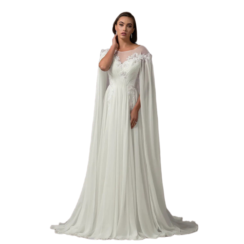 Fantasy Boho Chiffon A-Line Wedding Dresses Cape Sleeves Open Back Lace Appliques Pleats Long Country Beach Bridal Gowns