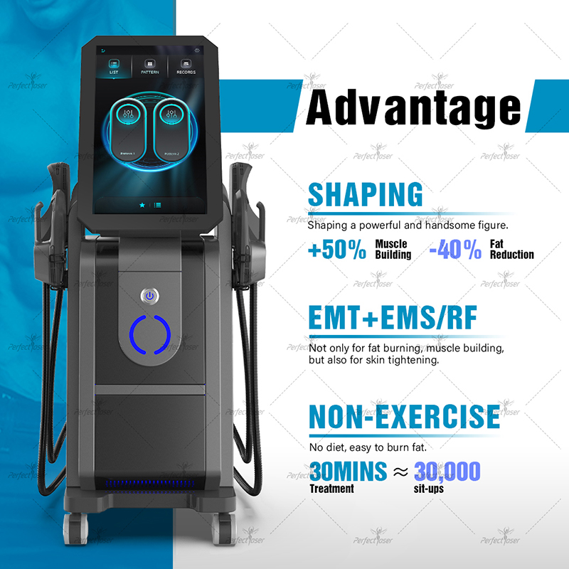 Perfectlaser High Power EMS Body Slimming Machine Emslim Muscle Toning Building Abdomen Firming Machine Fat Reduction 4 Handles 14 Tesla 5000W