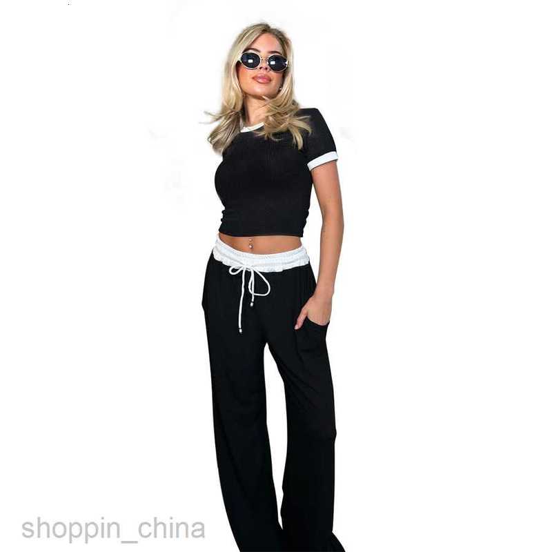 Women's Tracksuits Spring/Summer New Round Neck Contrast Short sleeved Women's Fashion Casual Wide Leg Pants Sports Set Sets