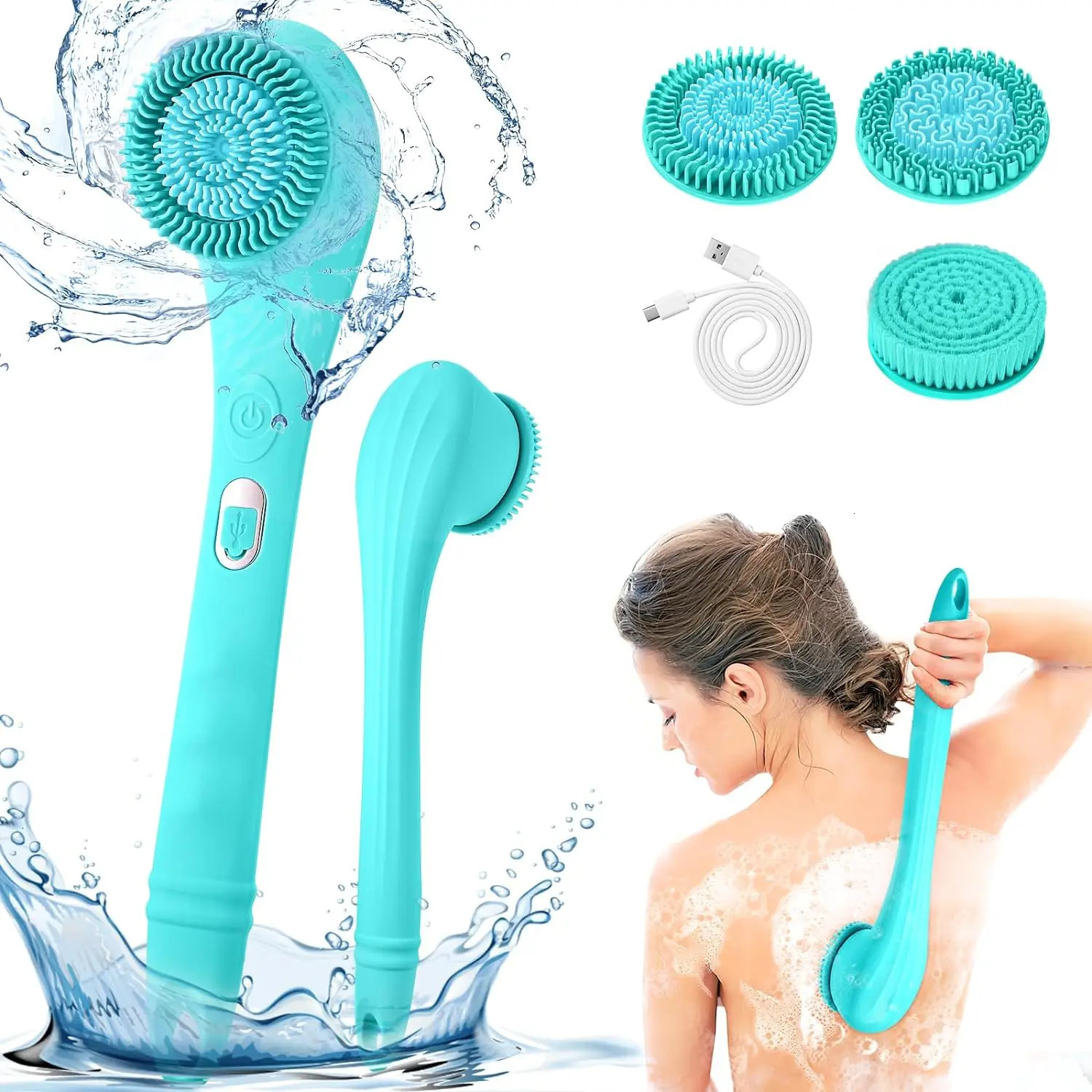 Electric Shower Brush Set for Whole Body Cleaning Back Scrubber 3 Cleaning Heads 2 Speeds Bathing Brush Massage Exfoliator Brush 240624