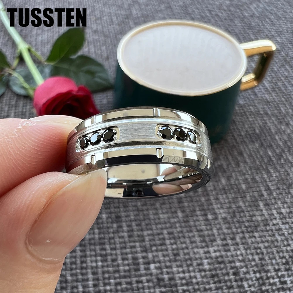 TUSSTEN 8MM Cool Mens Promise Wedding Band Tungsten Steel Combination Rings For Boyfriend Husband Black CZ Inlay Arrivals 240624