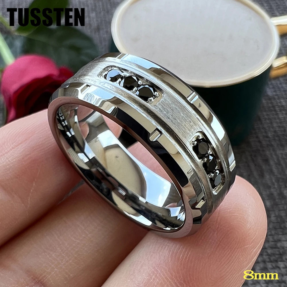 TUSSTEN 8MM Cool Mens Promise Wedding Band Tungsten Steel Combination Rings For Boyfriend Husband Black CZ Inlay Arrivals 240624