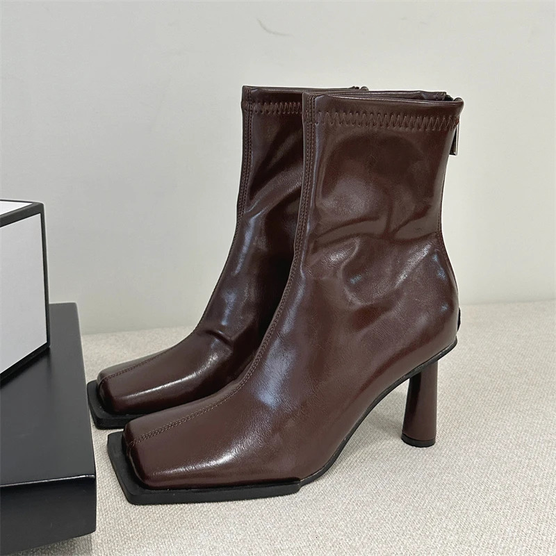 Eilyken Autumn Cozy Soft PU Leather Ankle Boots Women Elegant Square Toe Stiletto Heels Fashion Zip Ladies Party Modern Shoes 240624