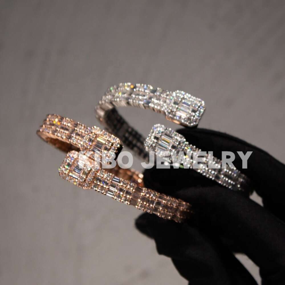 Fine Hip Hop Jewelry Sterling Silver Vvs Baguette Moissanite Diamond Bracelet Bangles
