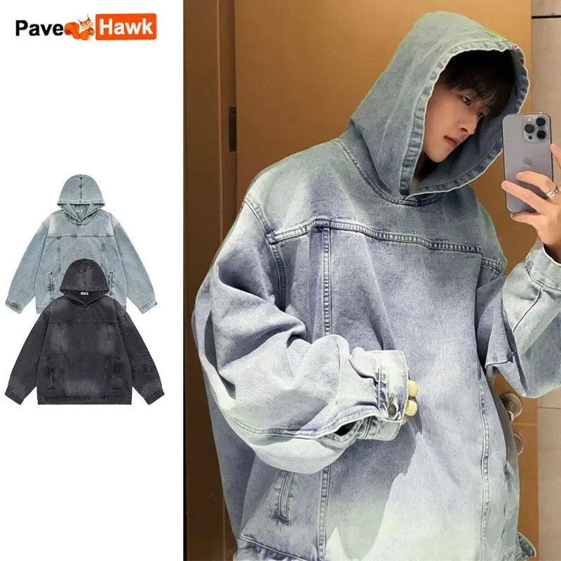 Japanese Denim Hooded Jacket Men Women Loose Casual Vintage Sweatshirt Coat High Street Washed Denim Pullover Varsity Autumn 240618