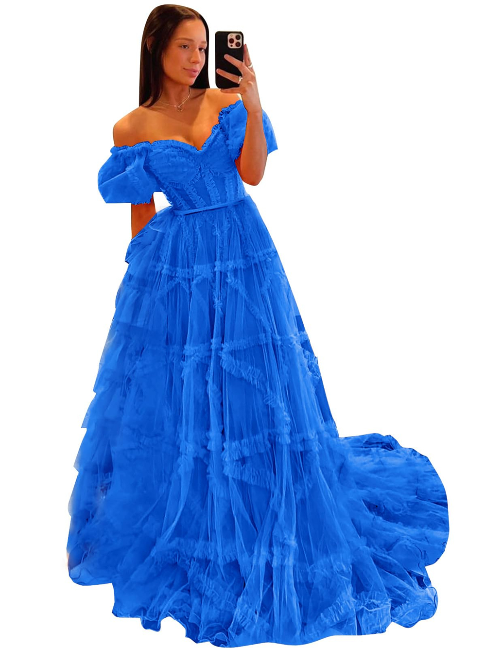 Long Prom Dresses Short Sleeve Off-the-Shoulder V-Neck Backless Tulle Ball Gown Plus Size Formal Occasion Evening Party Gown Pd26