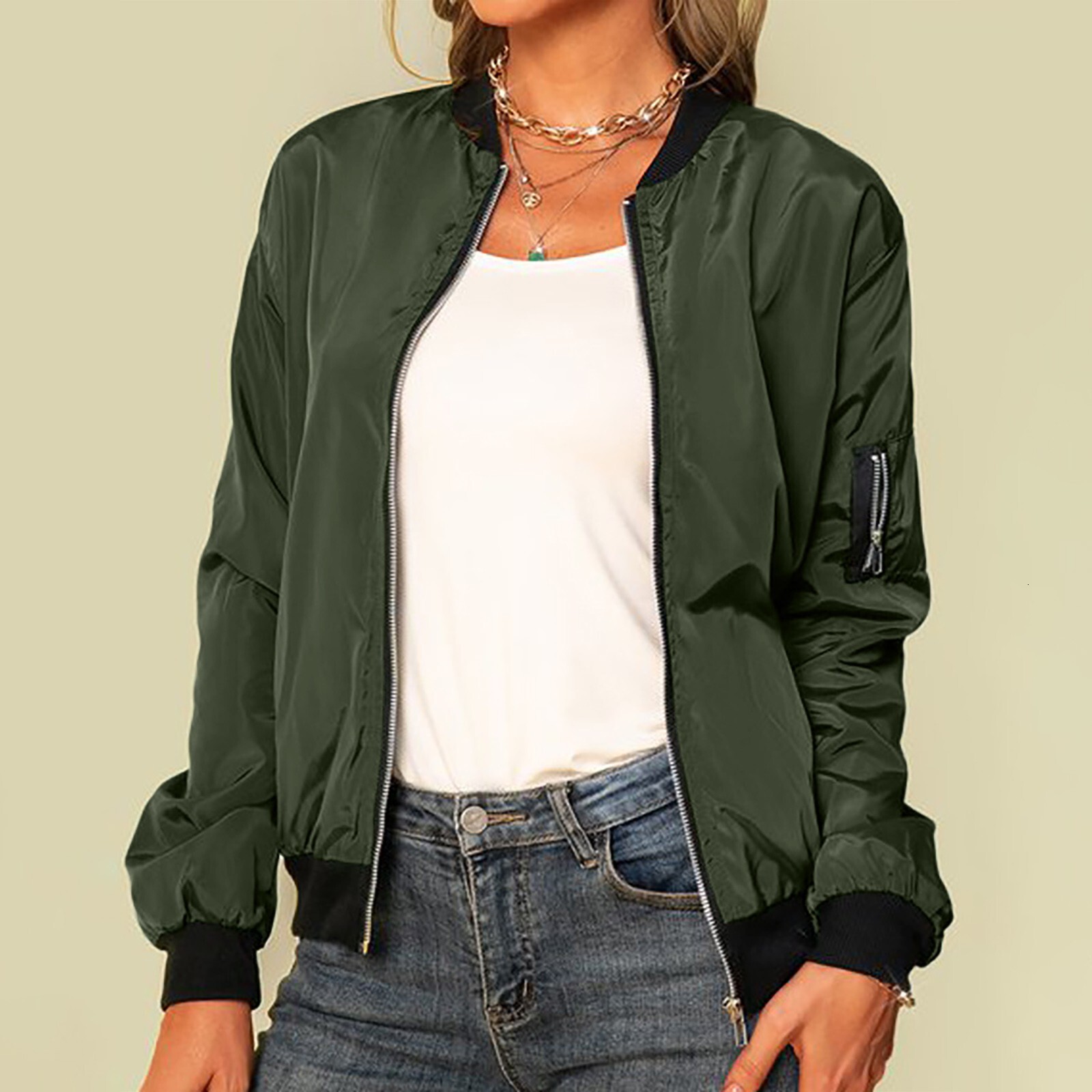 Women Thin Jackets Fashion Solid Bomber Autumn Long Sleeve Slim Coat Casual Windbreaker Stand Collar Zip Up Jacket F6.25#45