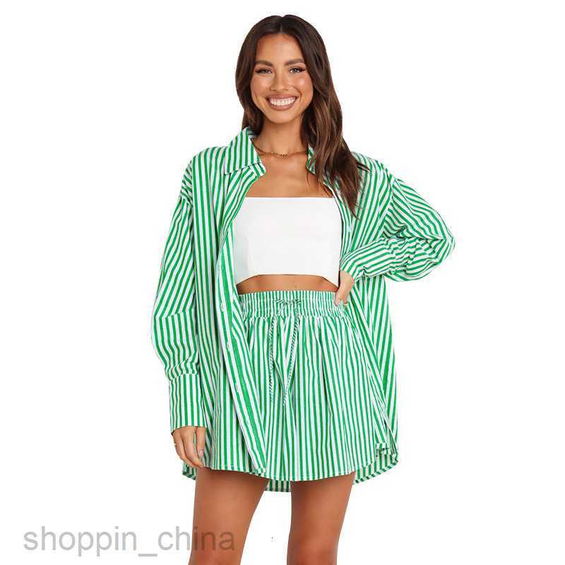 Women's Tracksuits Spring and summer temperament commuter casual pants set fashion women's shirt stripe long sleeve split two piece set Sets