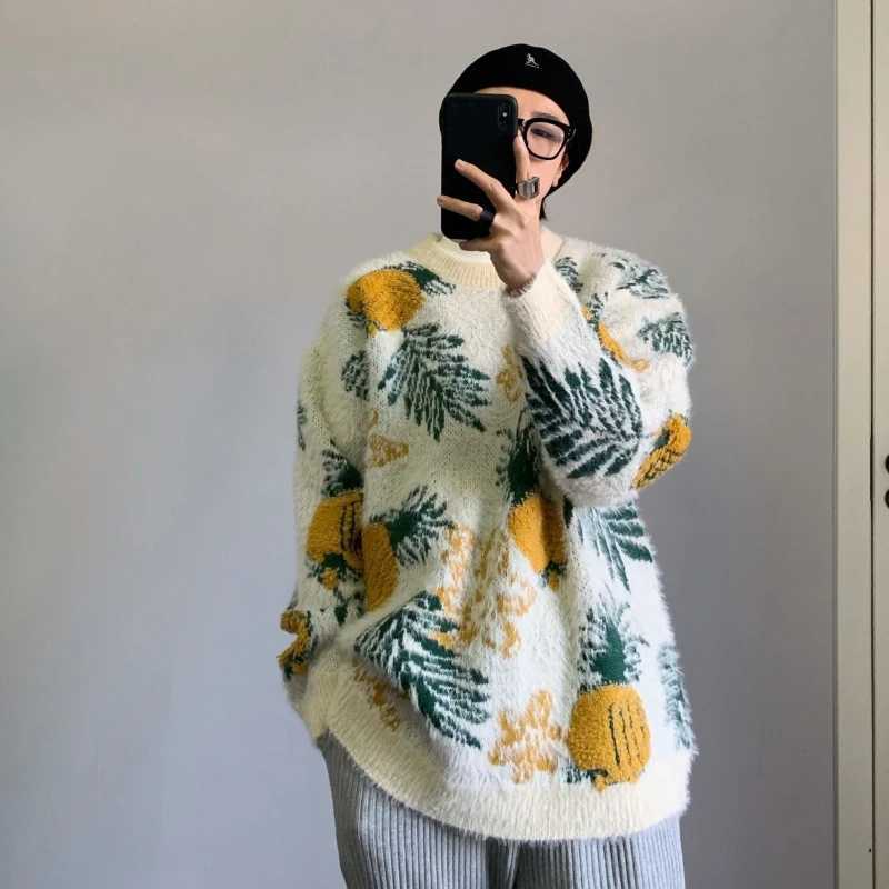Men's Sweaters Autumn Winter Pineapple Jacquard O-neck Knitted Pullover Sweater Mens Casual Loose High Strt Pullovers Men Tops Male Clothes Y2406