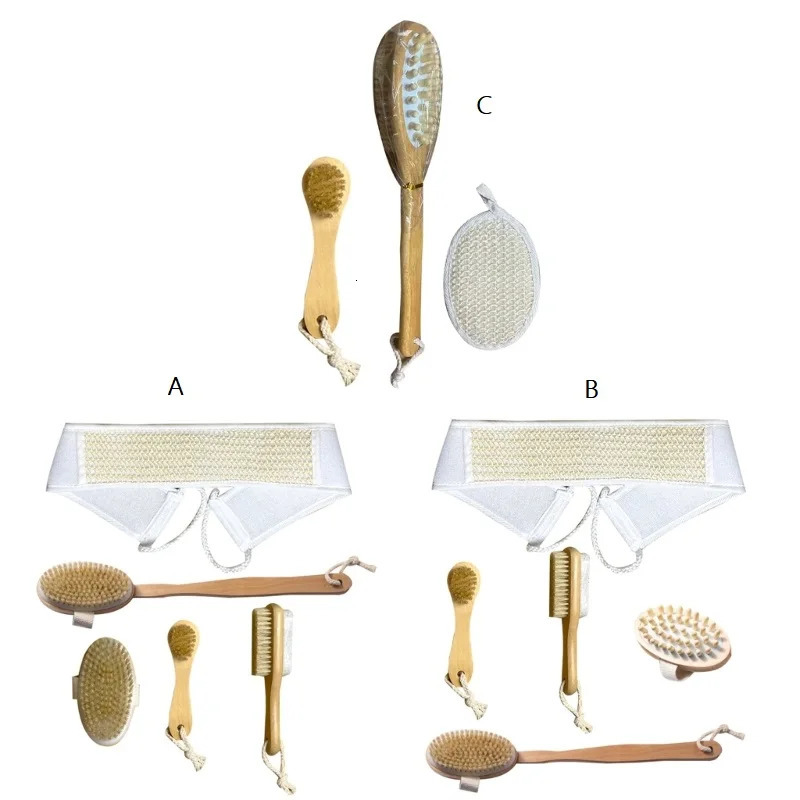 5Pieces Natural Bristle Bath Brush Set Exfoliating Promote Blood Circulations Massage Brush Wooden Body Dry Brush Drop 240624
