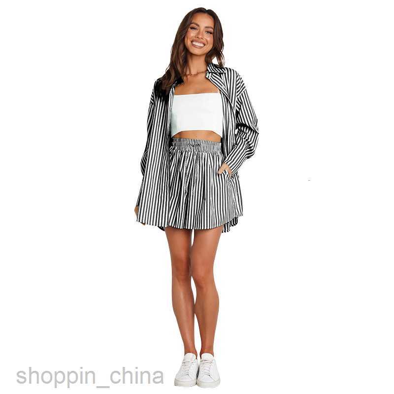 Women's Tracksuits Spring and summer temperament commuter casual pants set fashion women's shirt stripe long sleeve split two piece set Sets