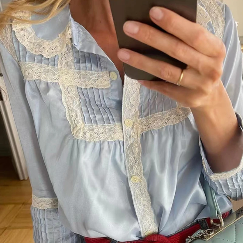 2024 Early Spring Woven Satin Lace Small Lapel Satin Blouse