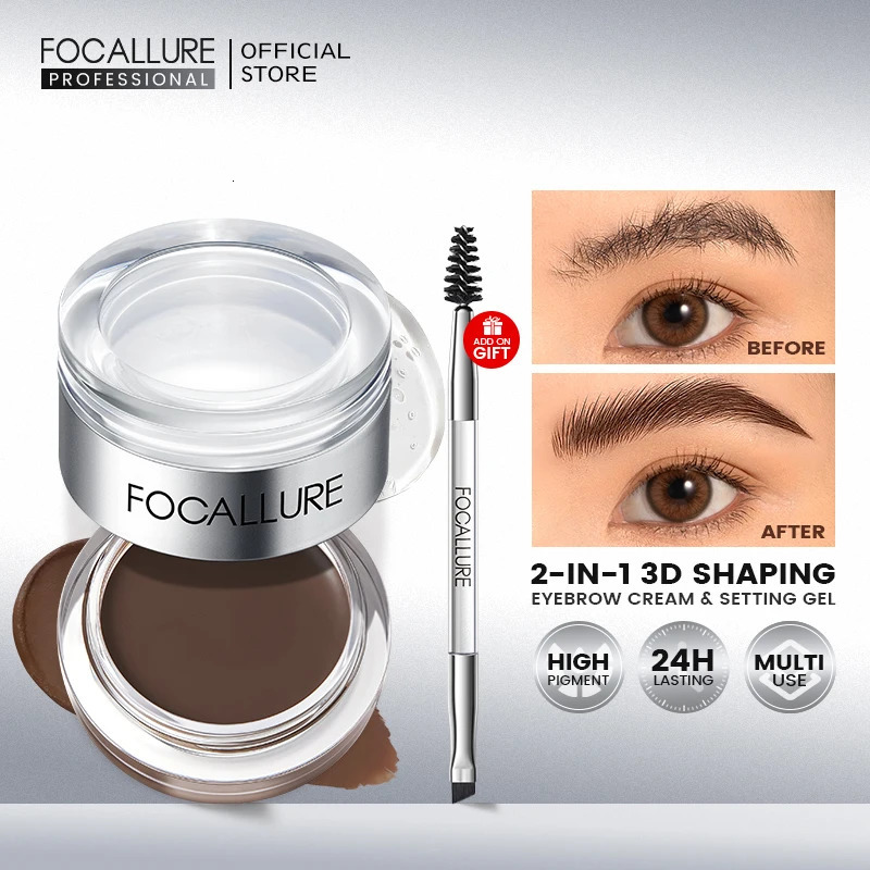 FOCALLURE 2 In 1 Eyebrow Pomade Gel Wax Makeup Waterproof Long Lasting 3 Colors Eyebrow Enhancer Cream Cosmetics With Brush 240625