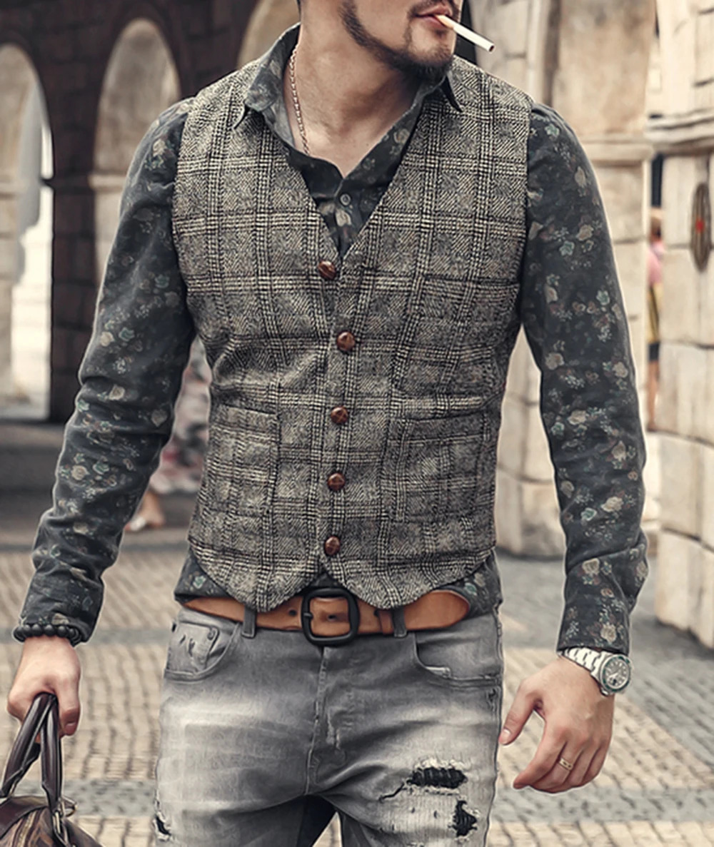 Mens Vintage Business Vest Plaid Classic Coat Tweed Slim Fit Formal Waistcoat for Wedding Groomsmen 240615