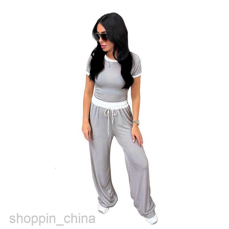 Women's Tracksuits Spring/Summer New Round Neck Contrast Short sleeved Women's Fashion Casual Wide Leg Pants Sports Set Sets