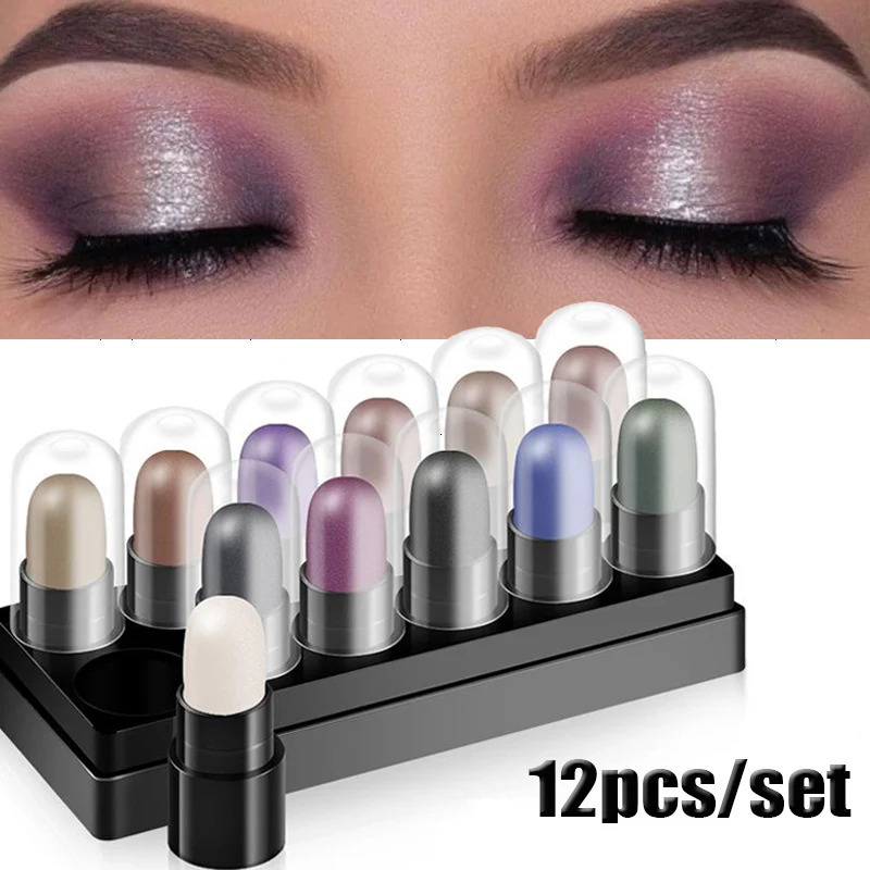 Eyeshadow Pencil Set 12 Colors Waterproof Long Lasting Glitter Shimmer Eye Shadow Pen Highlighter Stick Eyes Makeup Tools 240624