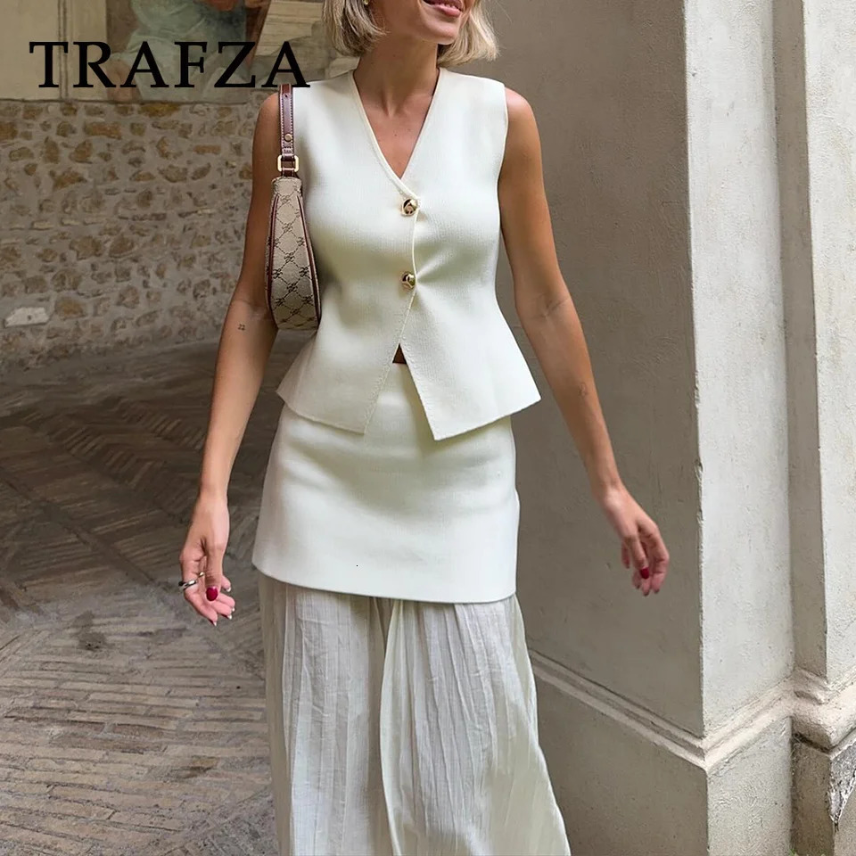 TRAFZA Spring Summer Casual Knitted Women Suit Fashion Gold Button V Neck Sleeveless VestPleat Spliced Zipper Long Skirt 240625