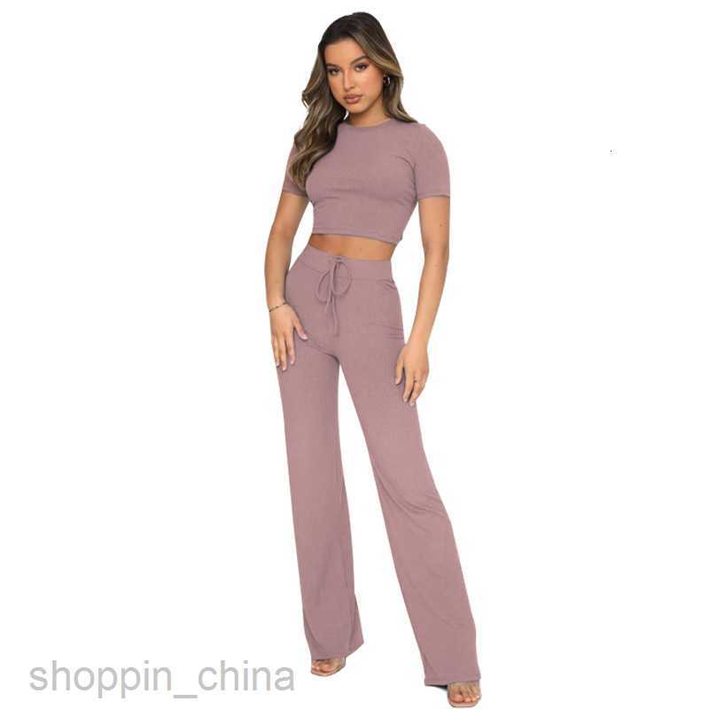 Women's Tracksuits New fashion leisure suit women's solid color high elastic body shaping short sleeve pit strip wide leg pants two-piece se