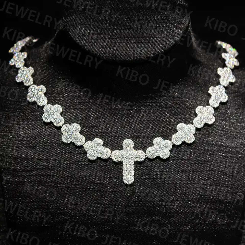 Cross Necklace Trendy Iced Out 925 Sterling Silver Round and Baguette Moissanite Chain Necklace for Men
