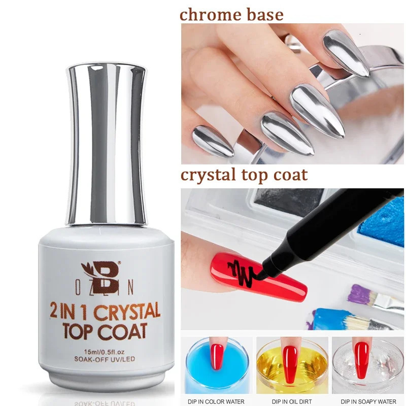 BOZLIN 15ml 2 IN 1 Crystal Top Coat Transparent Soak Off UV LED Nails Art Manicure Gel Nail Polish Varnishes Primer Function Gel 240625