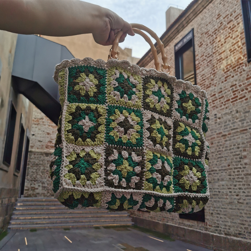 Bohemian Large Crochet Tote Bag Vintage Bamboo Handle Women Handbgs Granny Square Knitted Hand Bags Trend Big Lady Shopper Purse H6.25#99 ddmy 0952