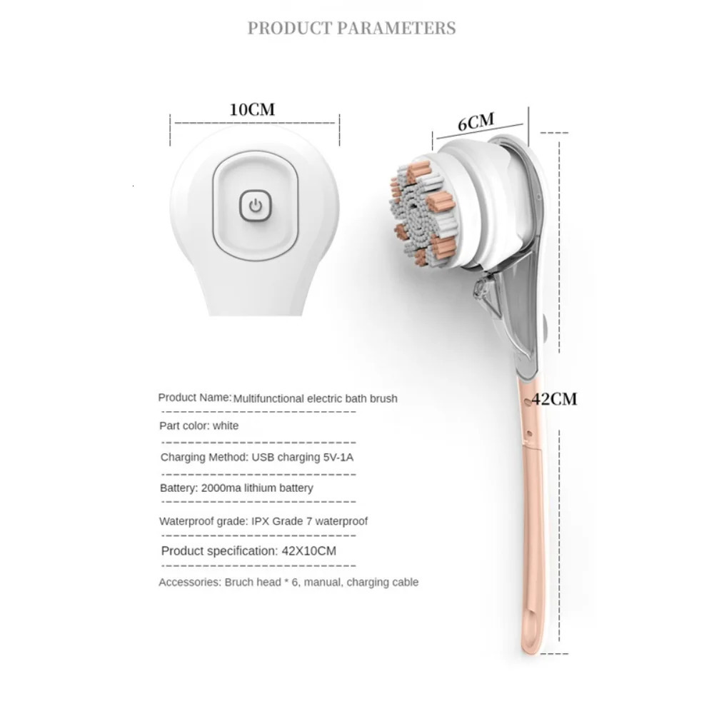 Electric Bath Brushes Shower Cleaning Body Massage Brush Multifunctional Brush Spa Waterproof IPX7 Long Handle Back Brushes 240624