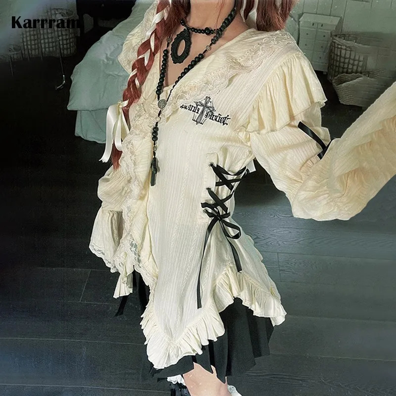 Karrram Y2k Aesthetics Lace Shirt Grunge Gothic Irregular Blouses Fairy Harajuku Bandage Vintage Lolita Clothes Mall Goth 240617