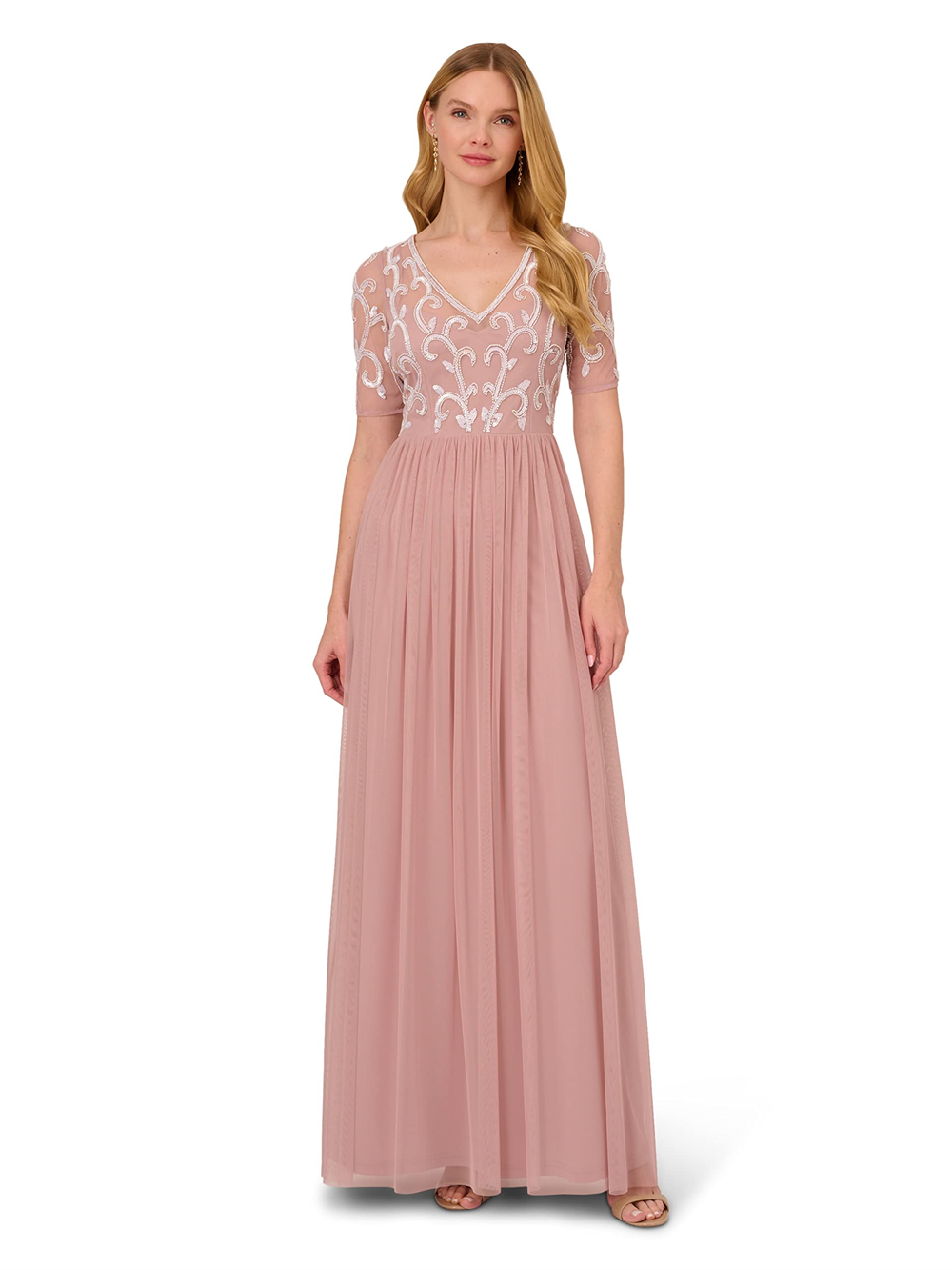 Long Prom Dresses Sequins Short Sleeve Deep V-Neck Chiffon A-Line Plus Size Formal Occasion Evening Party Gown Pd24