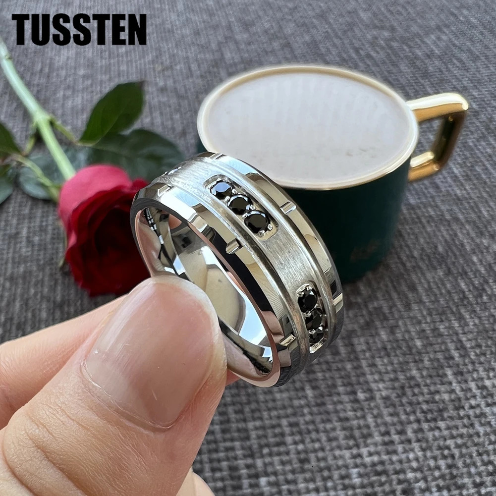 TUSSTEN 8MM Cool Mens Promise Wedding Band Tungsten Steel Combination Rings For Boyfriend Husband Black CZ Inlay Arrivals 240624