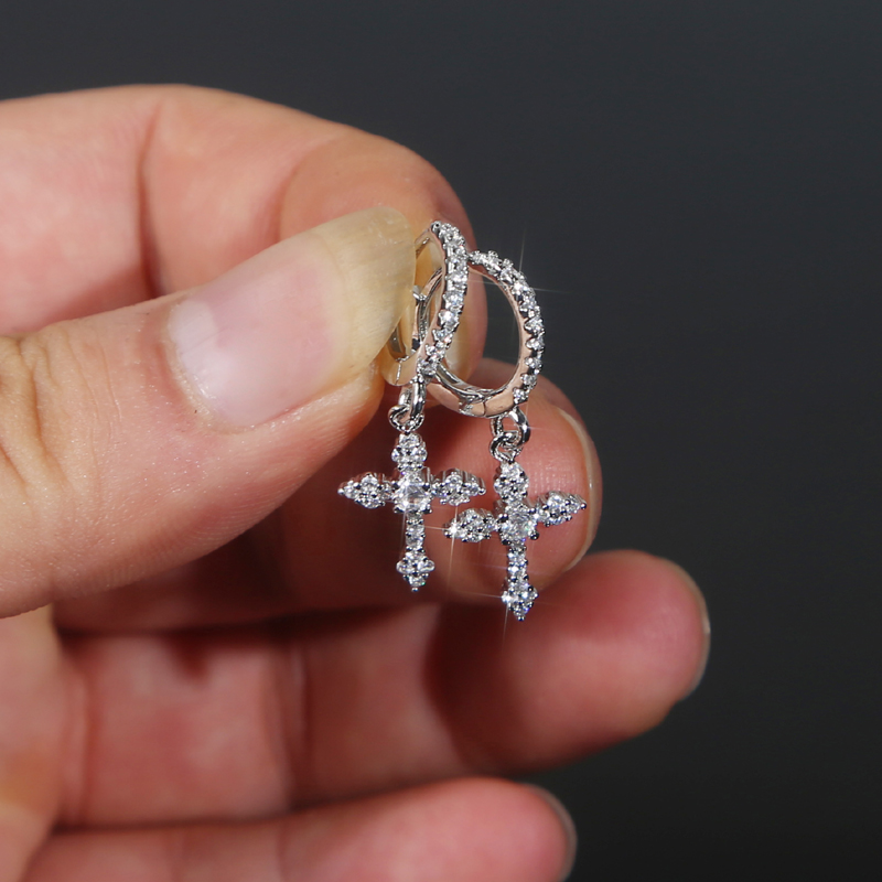 Men Women Cross Drop Dangle Earrings Micro Pave Bling Cz Fashion Party Punk Earring Jewelry Ice Out Long Earrings