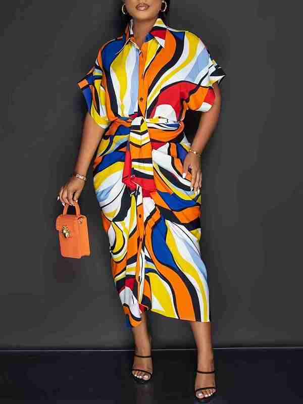 Casual Women Dresses Fall women's new printed pleated temperament commuting lapel tie up dress