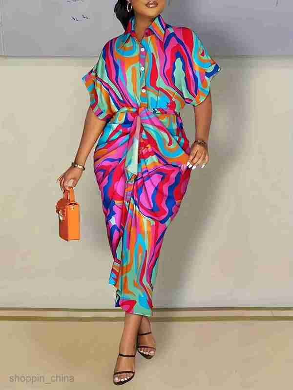 Casual Women Dresses Fall women's new printed pleated temperament commuting lapel tie up dress