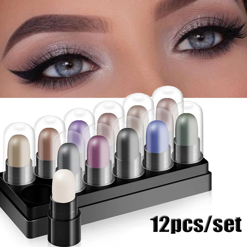 Eyeshadow Pencil Set 12 Colors Waterproof Long Lasting Glitter Shimmer Eye Shadow Pen Highlighter Stick Eyes Makeup Tools 240624