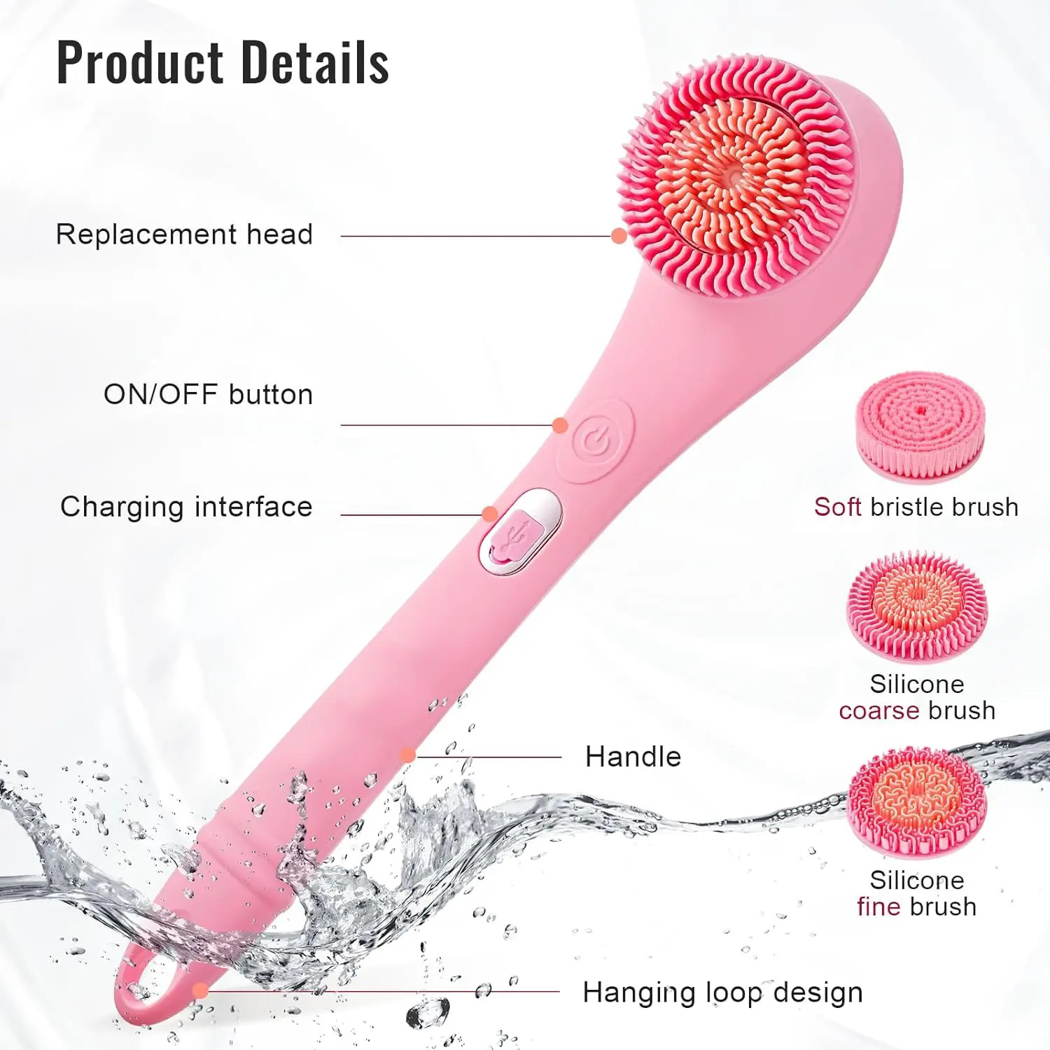 Electric Shower Brush Set for Whole Body Cleaning Back Scrubber 3 Cleaning Heads 2 Speeds Bathing Brush Massage Exfoliator Brush 240624
