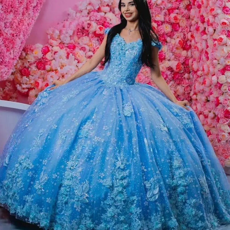 Sky Blue Shiny Quinceanera Dress Elegant Lace Applique Sequins Beading Off the Shoulder Mexican Sweet 16 Vestidos De XV 15 Anos