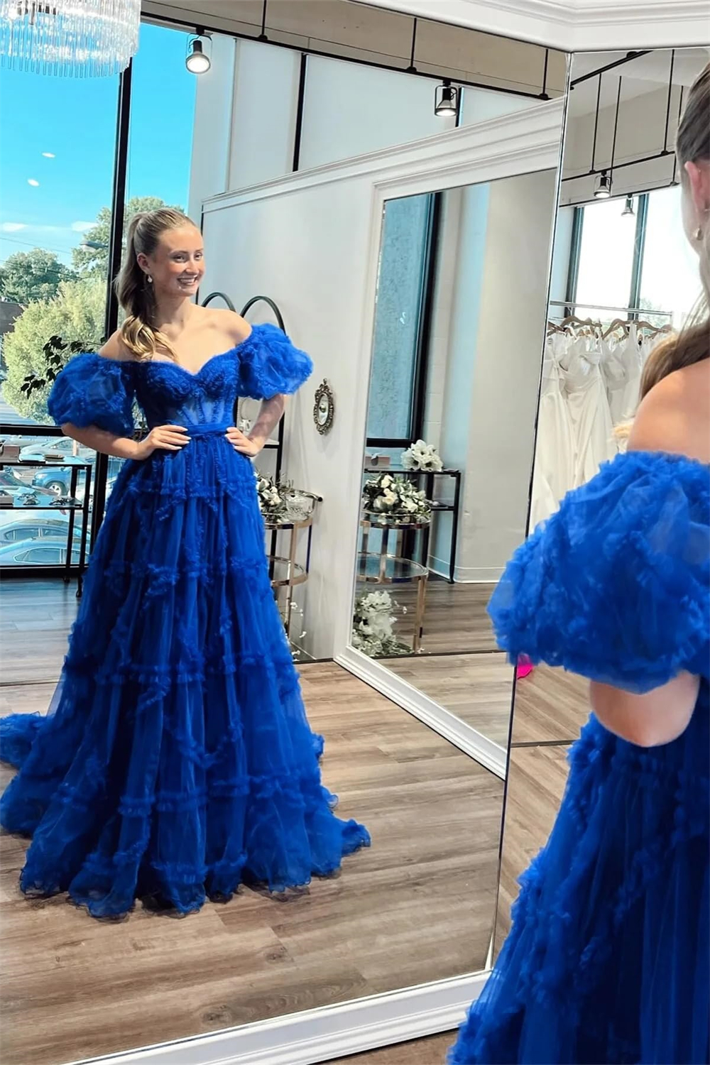 Long Prom Dresses Short Sleeve Off-the-Shoulder V-Neck Backless Tulle Ball Gown Plus Size Formal Occasion Evening Party Gown Pd26