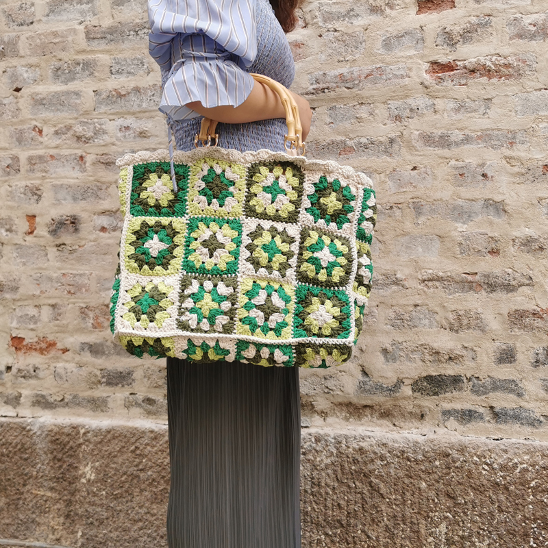 Bohemian Large Crochet Tote Bag Vintage Bamboo Handle Women Handbgs Granny Square Knitted Hand Bags Trend Big Lady Shopper Purse H6.25#99 ddmy 0952