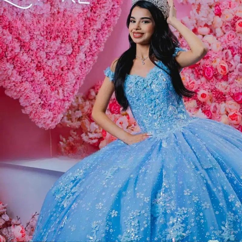 Sky Blue Shiny Quinceanera Dress Elegant Lace Applique Sequins Beading Off the Shoulder Mexican Sweet 16 Vestidos De XV 15 Anos