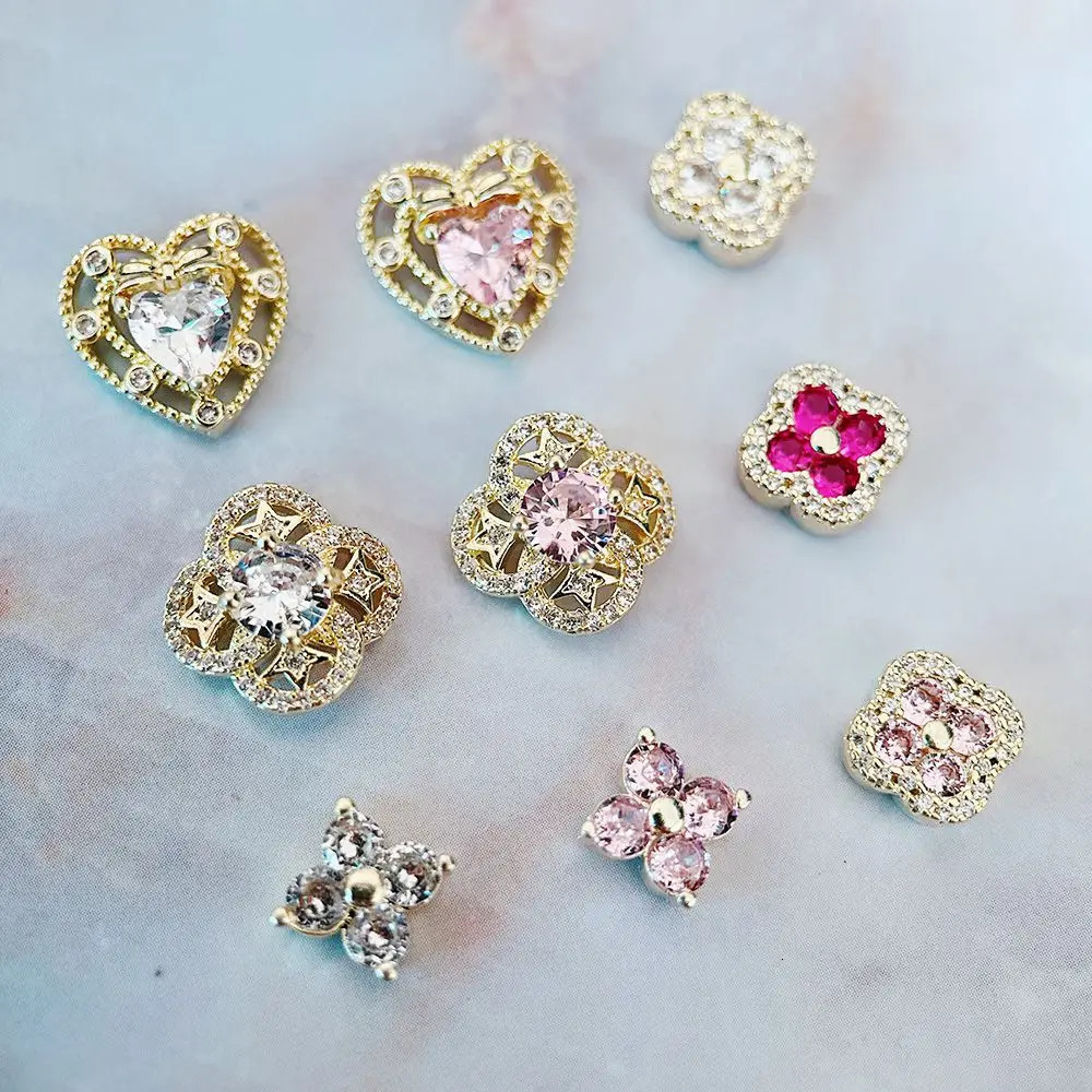 10pcslot Pink Red Love Heart Flower Alloy Nail Art Zircon Crystal Metal Manicure Nails Accesorios Supplies Decorations Charms 240624