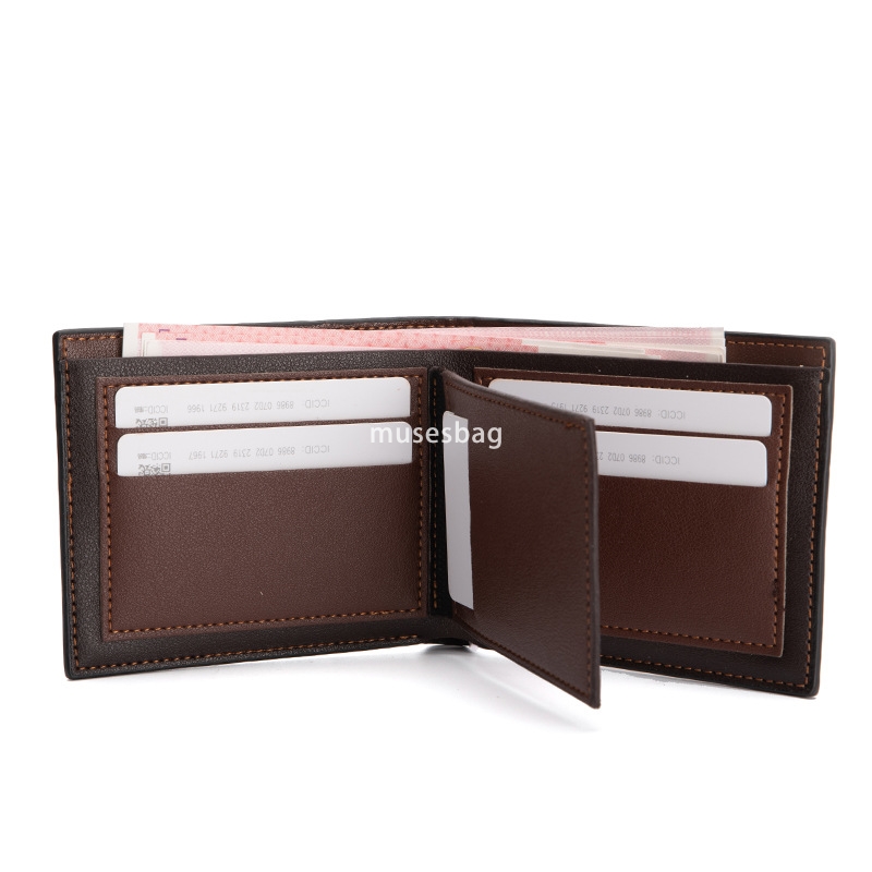 High quality men's fashionable new PU grand money bag with stitching short multi-functional two fold money clip horizontal business card ID drive