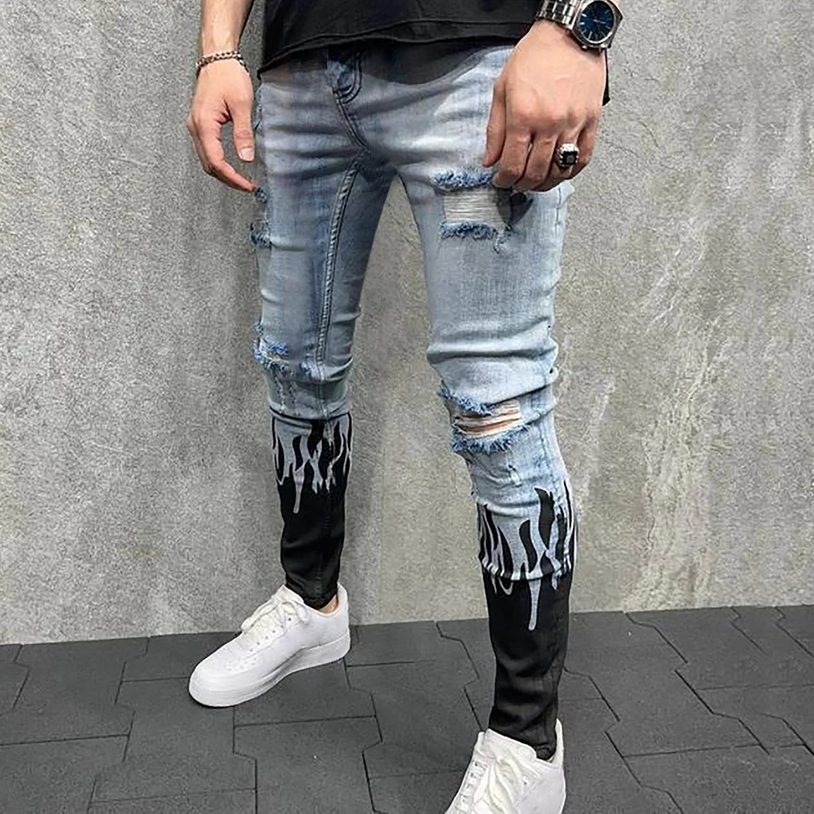 MenS Casual Trouser Pants Motorcycle Cool Print Personality Ripped Jean Pant Casual Summer Thin Pants Straight Blue Jean 240618