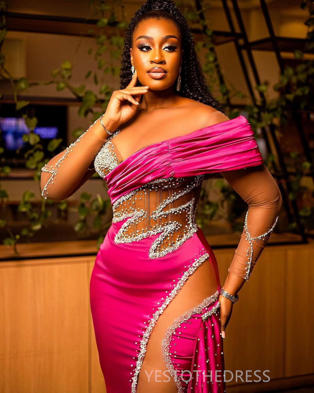 2024 Fuchsia Prom Dresses for Special Occasions Black Women Promdress Evening Gowns Illusion Mermaid Long Sleeves Side Split Rhinestones Birthday Dres