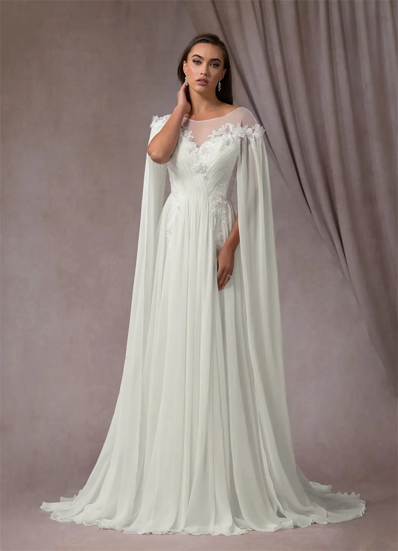 Fantasy Boho Chiffon A-Line Wedding Dresses Cape Sleeves Open Back Lace Appliques Pleats Long Country Beach Bridal Gowns